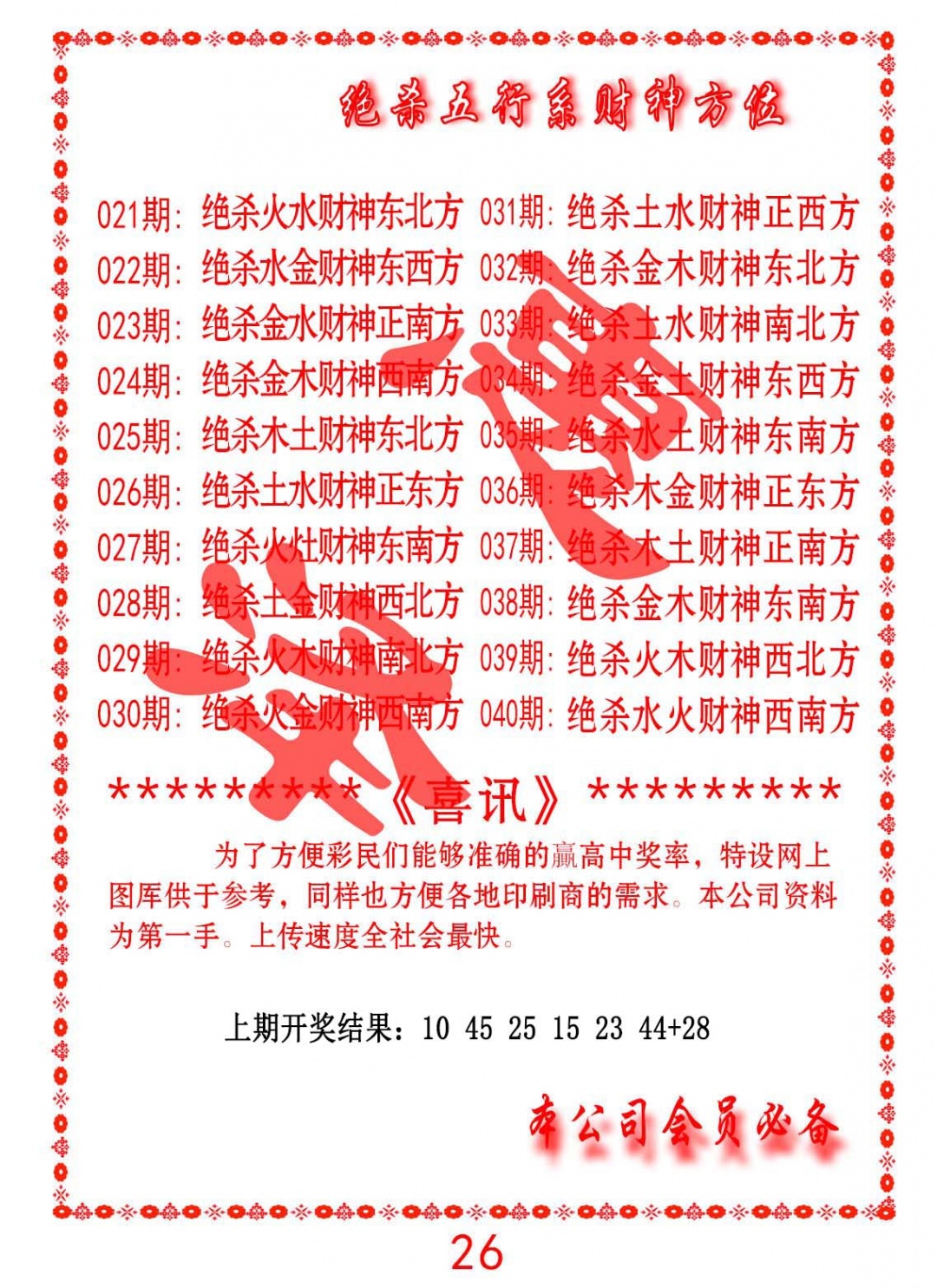 025期绝杀五行及财神方位[图]